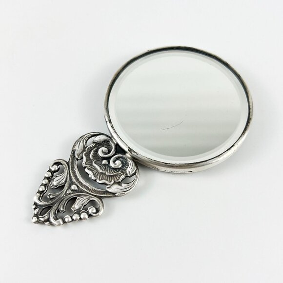 Vintage Denmark HANS JENSEN Silver Plated Hand Purse Mirror Village Tavern Scene - Picture 5 of 6